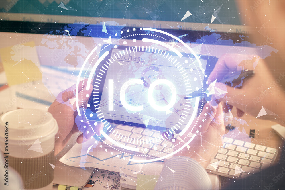 Aufkleber Double exposure of man's hands holding and using a phone and crypto currency blockchain theme drawing.