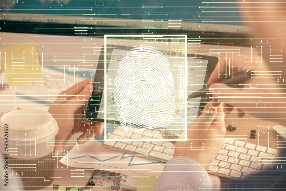 Poster double exposure of man's hands holding and using a digital device and fingerprint hologram drawing. 