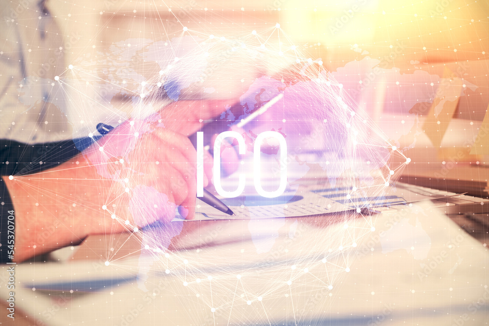 Poster Double exposure of man's hands holding and using a phone and crypto currency blockchain theme drawing.