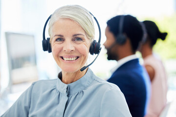 Portrait, call center and senior woman for customer support, conversation or smile in office, talk...
