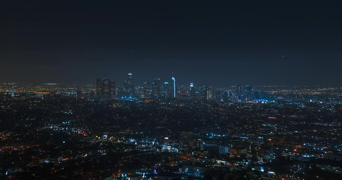 Timelapse of Los Angeles downtown at night. Big city in the USA