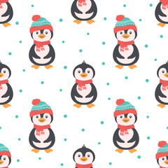 winter seamless pattern with penguin and snowflakes