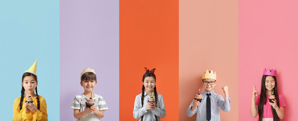 Set of cute children with tasty Birthday cupcakes on color background