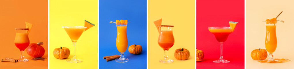 Collage of tasty pumpkin pie martini on color background
