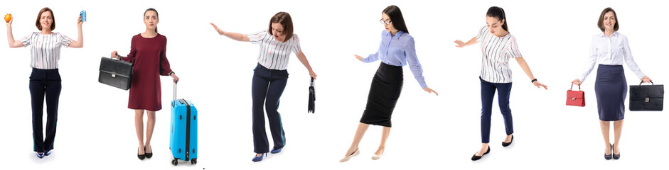 Group of young businesswomen on white background. Concept of balance