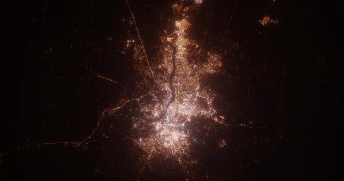 Kolkata (India) Aerial View At Night. Top View On City From Space. Camera Is Zooming In, Rotating Clockwise