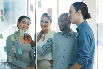 Brainstorming, postit on board and teamwork in meeting, sharing ideas and planning strategy for business project. Collaboration, diversity in team with business people together in office to plan.