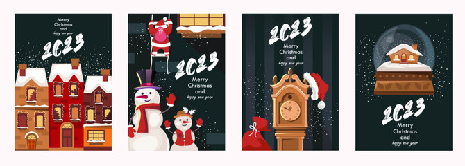 2023 new year. Christmas cards. Set of templates for banners, postcards, posters, covers, cards, flyers. Cartoon houses and characters. Vector illustration.	