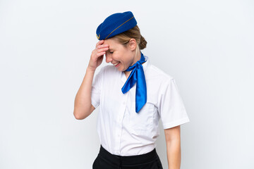 Airplane blonde stewardess woman isolated on white background laughing