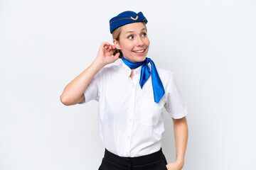 Airplane blonde stewardess woman isolated on white background thinking an idea