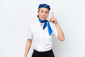 Airplane blonde stewardess woman isolated on white background pointing with the index finger a great idea