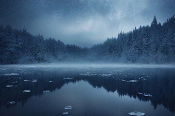 Beautiful winter landscape with stars reflected in the water