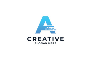 Abstract letter A logo design. Modern symbol for digital technology with molecule and abstract