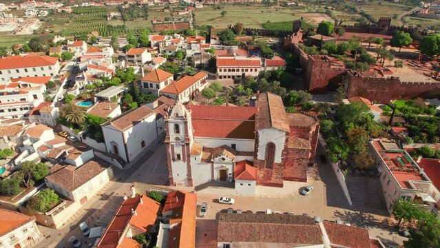 Aerial view of Silves town with famous castle and Cathedral, Algarve, Portugal