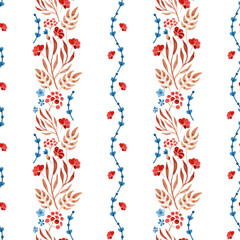 Striped floral pattern in red, blue and brown. Vector seamless image of berries, flowers, leaves.