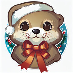 Cute Otter Christmas Sticker on white background