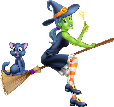Witch Halloween Cartoon Character on Broom Stick