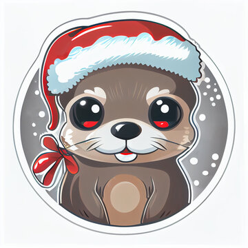 Cute Otter Christmas Sticker on white background