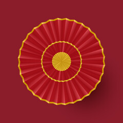Paper fan red color of china isolated on red background. Paper cut and craft style illustration