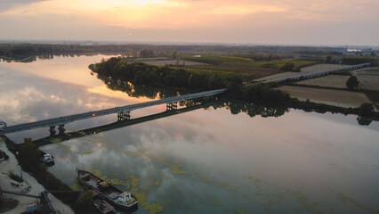 Scenic aerial view Po river at sunset in Monticelli D'Ongina Piacenza Italy