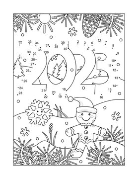 Year 2023 full-page connect the dots hidden picture puzzle and coloring page, poster, or activity sheet for kids and schoolchildren.
