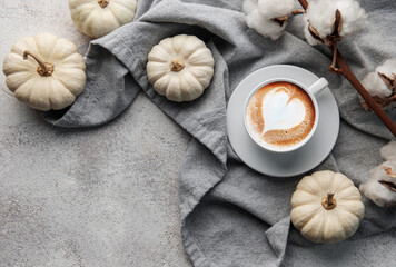 White pumpkins, coffee and cotton flowers