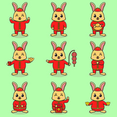 Obraz premium Happy Chinese new year with cute rabbit in red costume. The year of rabbit. A baby in rabbit costume and bunny hold ingots. Flat vector illustration. Animal holidays cartoon character