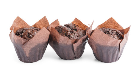 Tasty chocolate muffins isolated on white background