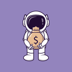 Simple cartoon illustration of Astronaut carrying a bag of money. Business concept