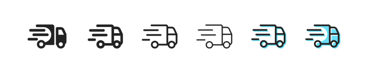 Minivan set icon. Fasr shipping, logistics, truck, clock, time, watch, courier, parcel, customer, purchase, buy, client, drive, car. Delivery concept. Vector black line icon on white background