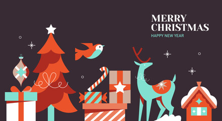 Christmas greeting card design with creative modern elements for decoration. Template background for social media, banner, party invitation or website marketing. Vector illustration