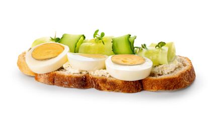 Tasty toast with boiled egg and cucumber on white background