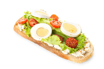 Tasty toast with boiled egg and tomatoes on white background
