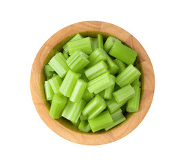 Top view of celery in wood bowl isolated on transparent png