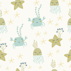 Children's Seamless marine pattern with sea animals, jellyfish, crab, starfish digital paper, for surface design, kids clothing, print