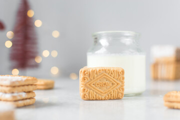 Sandwich cookies filled with cream, Cream filled cookies, cookies on marble tray