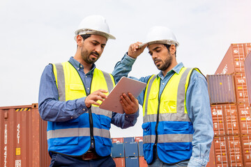 Two professional engineers in safety helmets and uniforms consulting each together in a container shipping company, a collaboration concept