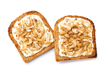 Tasty toasts with cream cheese and mushrooms on white background