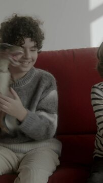 Three boys playing with dinosaur toys sitting on a red sofa