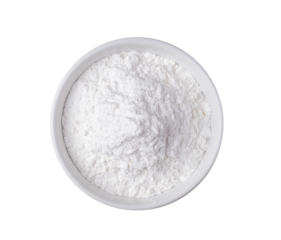 Pile of flour in white bowl isolated on alpha layer