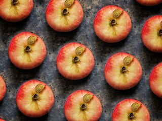 Apple pattern on black concrete background. Red apple with green leaf on black table.