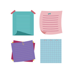 Set of blank sticky notes with clip binders. Colored note paper sheets. Paper reminder. Vector illustration design.