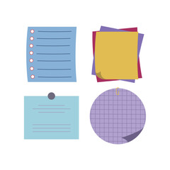 Set of blank sticky notes with clip binders. Colored note paper sheets. Paper reminder. Vector illustration design.