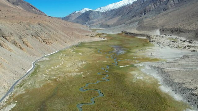 Landscape aerial view of mountains with river and green valley in Himalayas with blue sky in Nubra valley, Jammu and Kashmir, India.