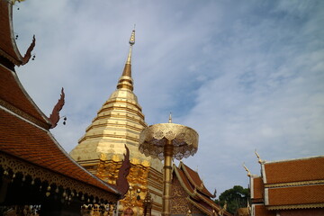 Fototapeta premium Close up golden minaret architectural design of thai temple. Southeast Asian architectural style