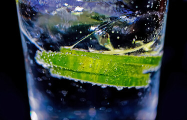 Gin tonic: Macro close up of green raw cucumber slices, sparkling bubbles and ice cubes in cocktail glass. Black background.
