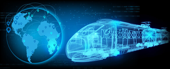 3D rendering illustration train blueprint with world map glowing neon hologram futuristic show technology security for premium product business finance  transportation