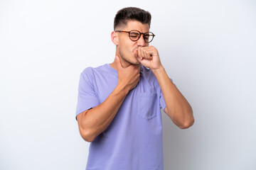 Young caucasian man isolated on white background coughing a lot