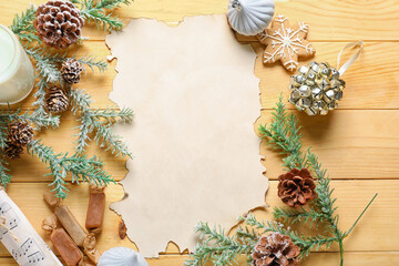 Composition with blank letter to Santa, Christmas decorations and sweets on wooden background