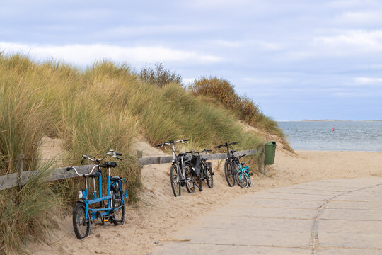 Several bicycles parked against a wooden fence in the dunes of Texel. In the background the sea and the Dutch island of Vlieland.